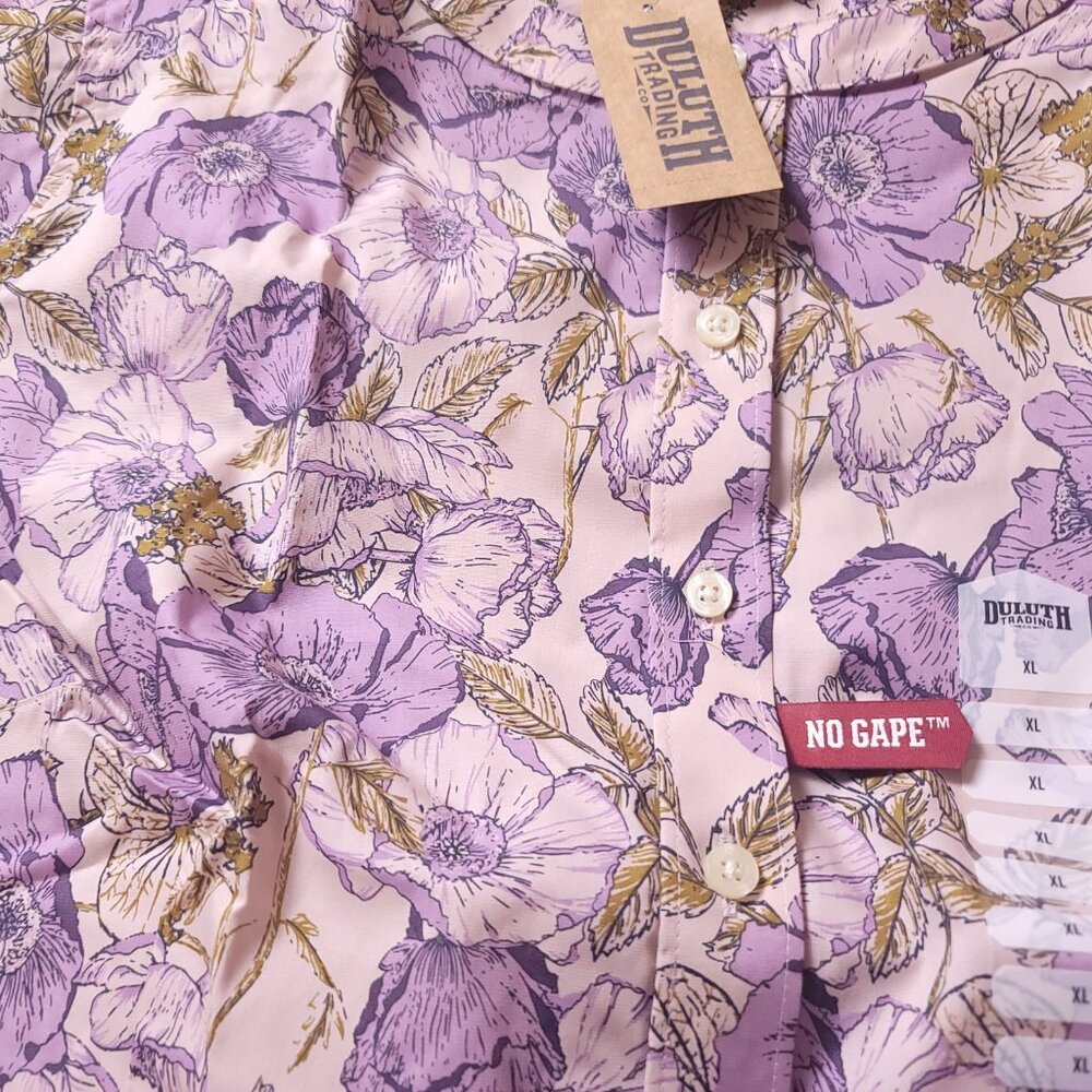 Duluth Womens Wrinkle Fighter Tunic No Gape Floral  Purple Button Shirt Pink - Picture 12 of 12